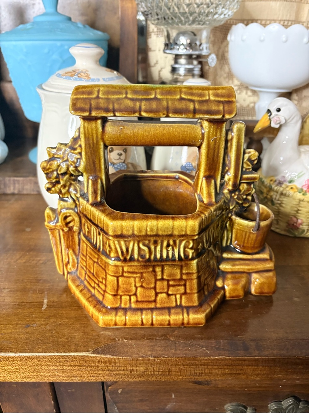 McCoy Vintage Ceramic Wishing Well Planter - Honey Brown Glaze